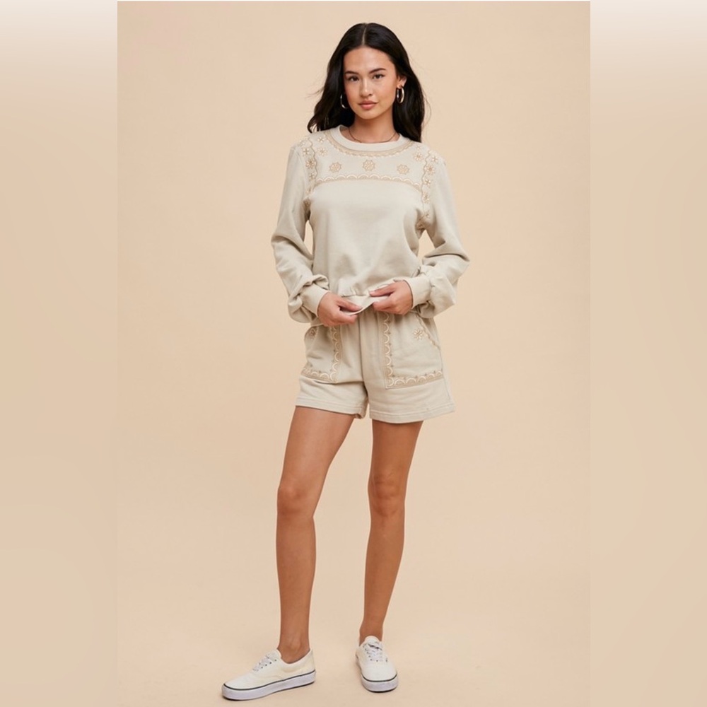 Women’s Embroidered Cream Lounge Sweatshirt and Shorts Set